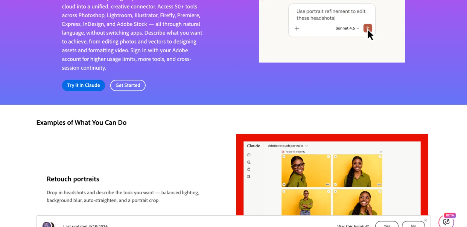 Adobe Developer page for the Adobe for creativity connector in Claude, with a 'Retouch portraits' example showing four headshots on a yellow background and the prompt 'Use portrait refinement to edit these headshots'.
