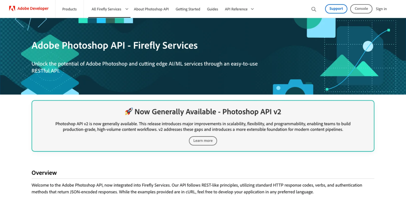 Adobe Developer page for the Photoshop API in Firefly Services, with a banner reading 'Now Generally Available - Photoshop API v2' and an overview describing a REST-like API with JSON responses.