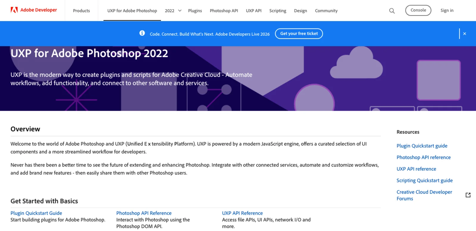 Adobe Developer page titled UXP for Adobe Photoshop 2022, describing UXP as the modern way to create plugins and scripts, with links to the plugin quickstart, Photoshop API reference, UXP API reference and scripting quickstart, last updated 11 May 2026.