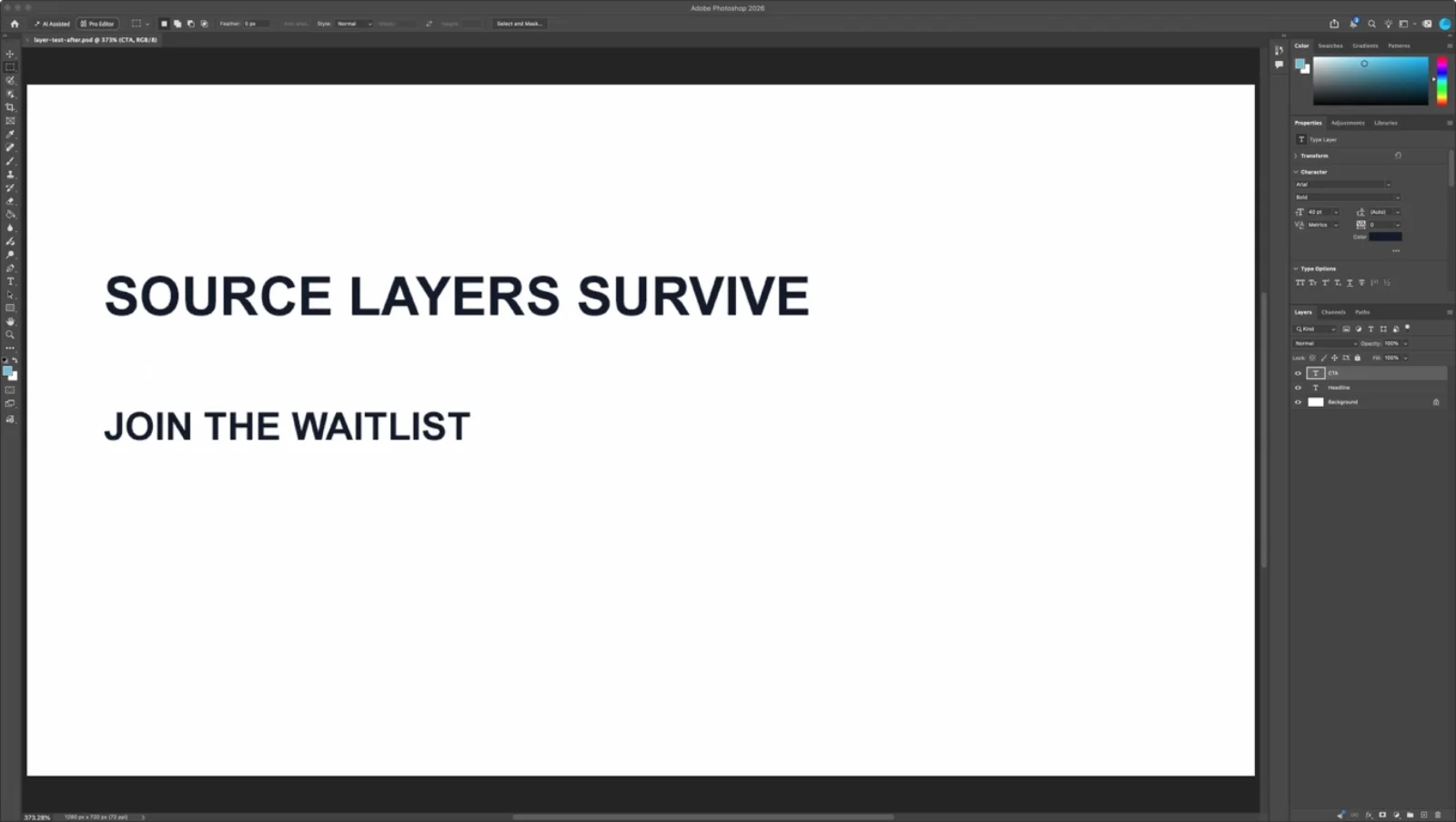 Our reopened Photoshop document with SOURCE LAYERS SURVIVE and JOIN THE WAITLIST, alongside separate CTA and Headline text layers.