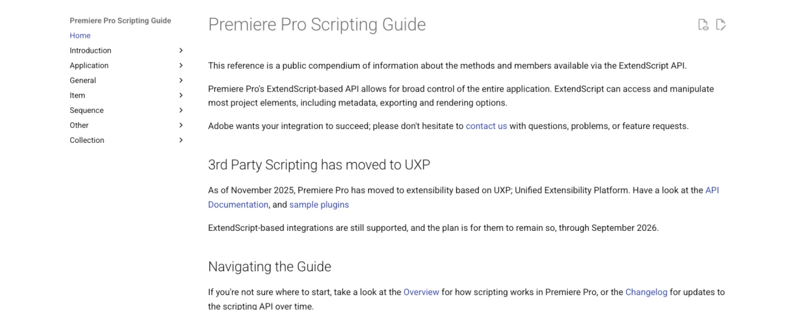 The Premiere Pro Scripting Guide home page: a section headed '3rd Party Scripting has moved to UXP' stating that as of November 2025 Premiere has moved to UXP, and that ExtendScript-based integrations remain supported through September 2026.