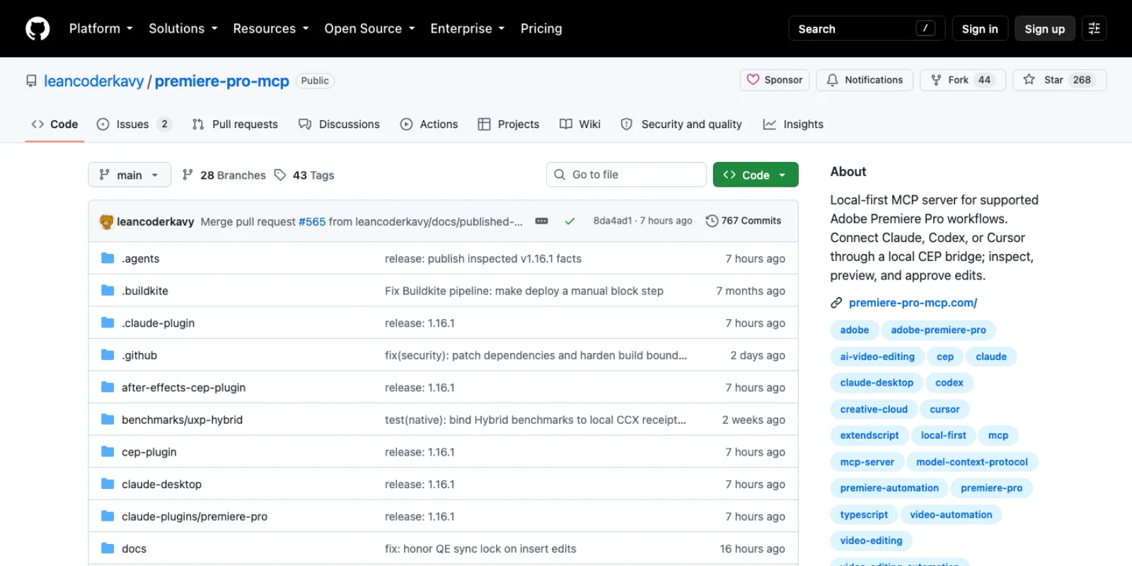 The leancoderkavy/premiere-pro-mcp repository on GitHub: 268 stars, 44 forks, 767 commits, last merge seven hours ago, folders for a Claude plugin, CEP plugin, Claude Desktop bundle, Codex plugin and Windows installer, MIT licence.