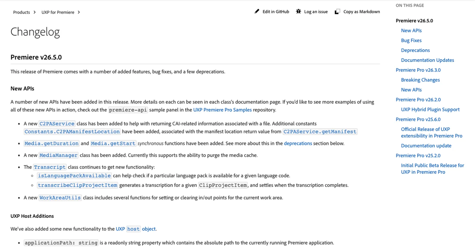 Adobe's Premiere UXP changelog for v26.5.0, last updated 4 September 2026, listing a new C2PAService class, synchronous Media.getDuration and getStart, a MediaManager class, Transcript additions and WorkAreaUtils.