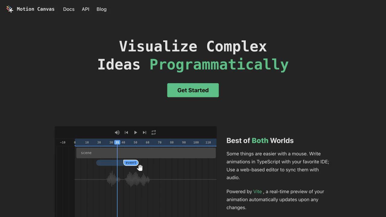 Motion Canvas website showing its audio timeline and TypeScript-first animation workflow