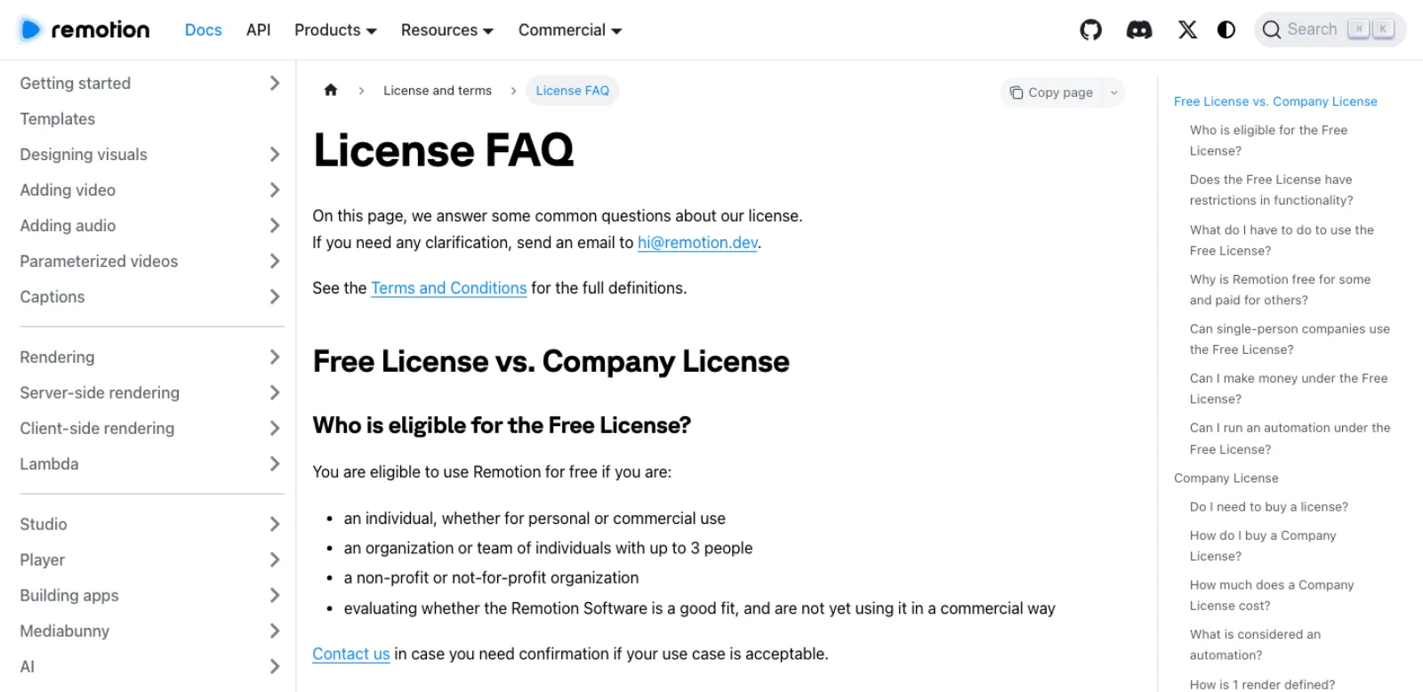 Remotion's License FAQ page listing who is eligible for the Free License: an individual, an organization or team of up to 3 people, a non-profit, or someone evaluating.