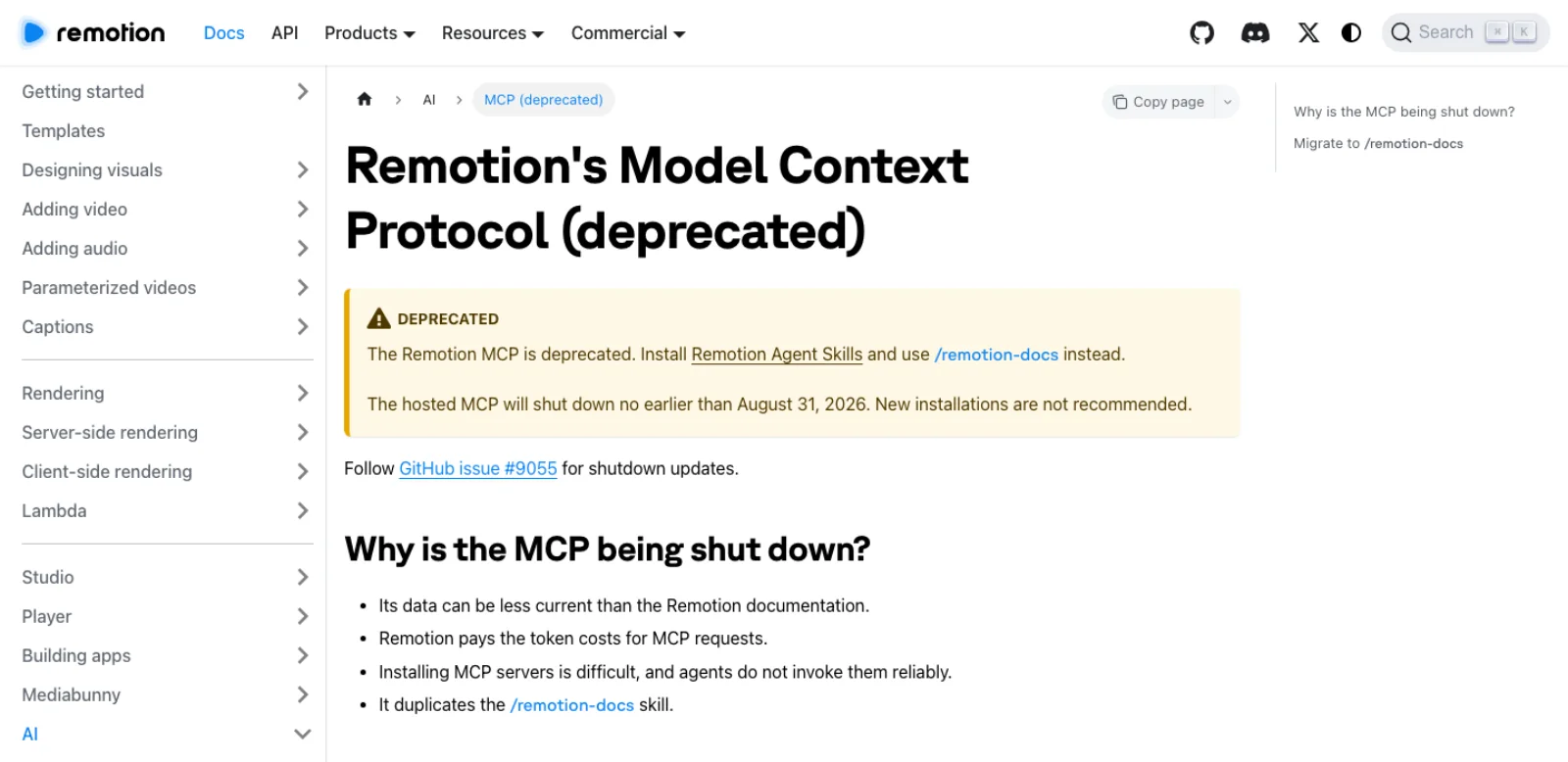 Remotion's docs page titled Remotion's Model Context Protocol (deprecated), with a yellow warning box and a list of four reasons the MCP is being shut down, including that agents do not invoke MCP servers reliably.