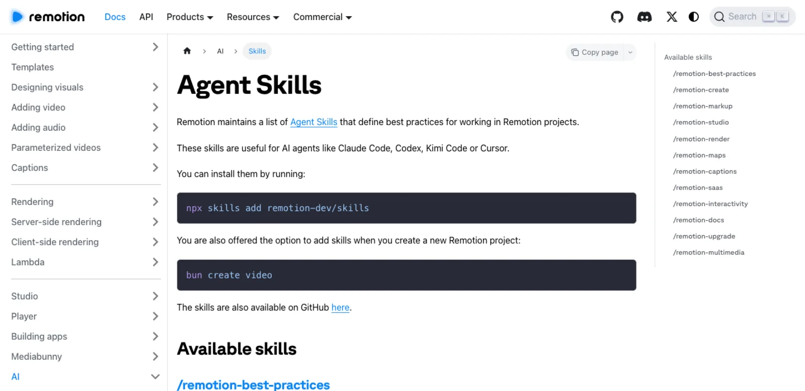 The Remotion docs page titled Agent Skills, saying Remotion maintains a list of Agent Skills for Claude Code, Codex, Kimi Code or Cursor, with the command npx skills add remotion-dev/skills and a sidebar listing twelve skills.
