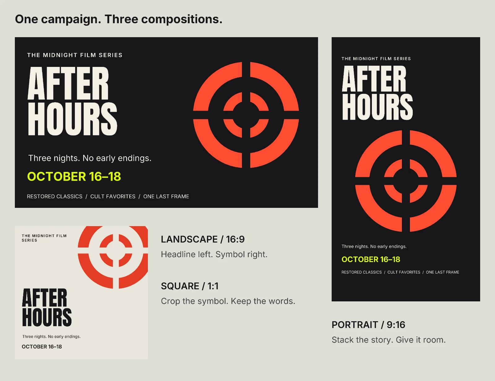 Three After Hours designs: a dark landscape with type beside a red circular symbol, a cream square with a cropped symbol, and a dark portrait with stacked type and artwork.