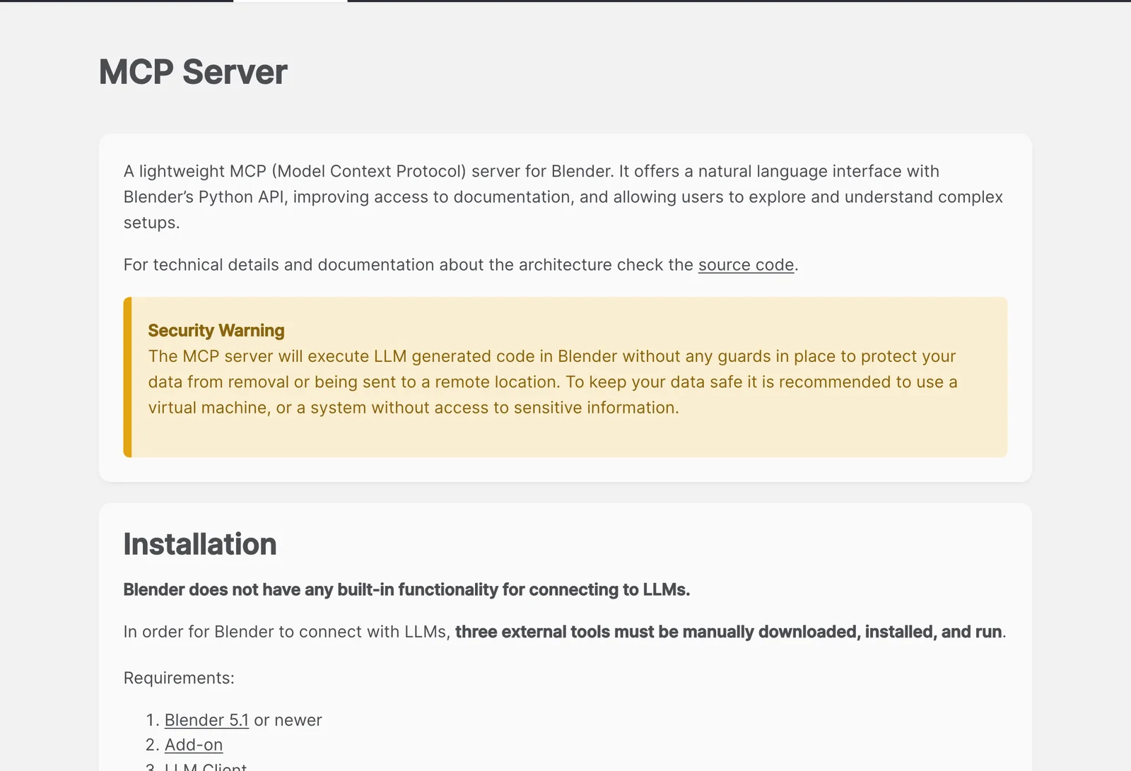 Blender Lab MCP page showing its Python interface and installation requirements.