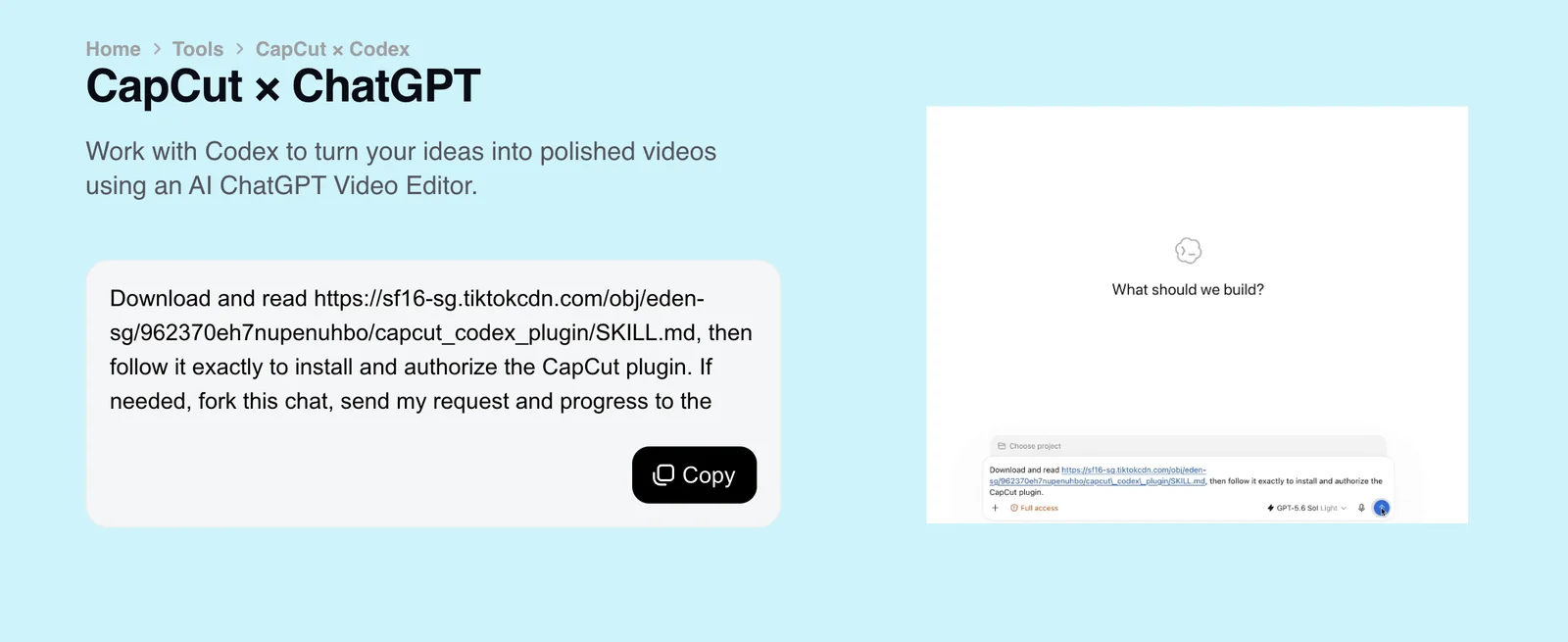 CapCut Codex plugin page showing the vendor’s installation prompt and plugin introduction.