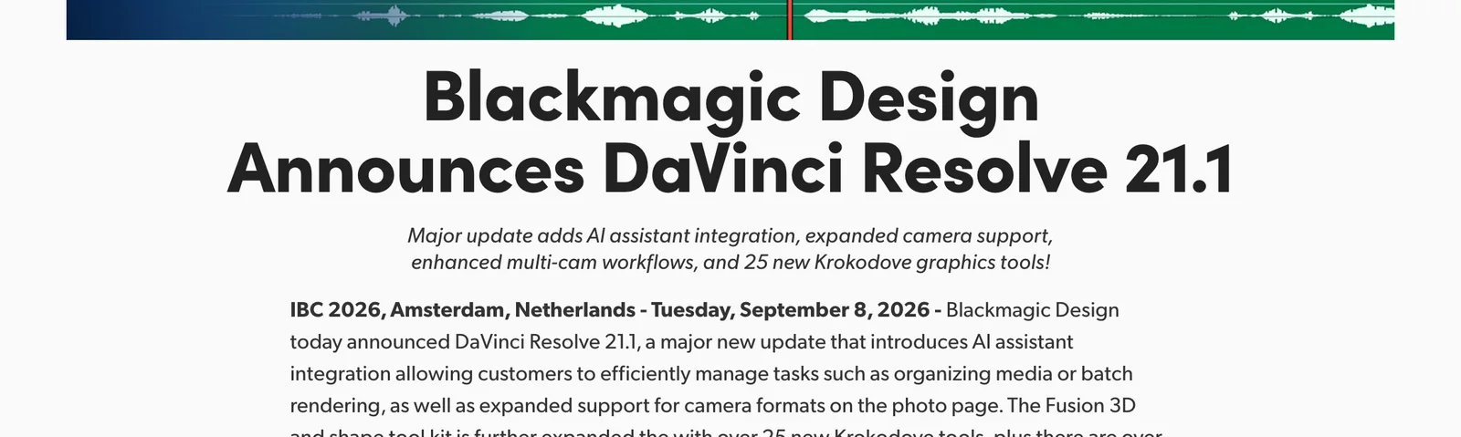 Blackmagic Design announcement of DaVinci Resolve 21.1 with AI assistant integration.