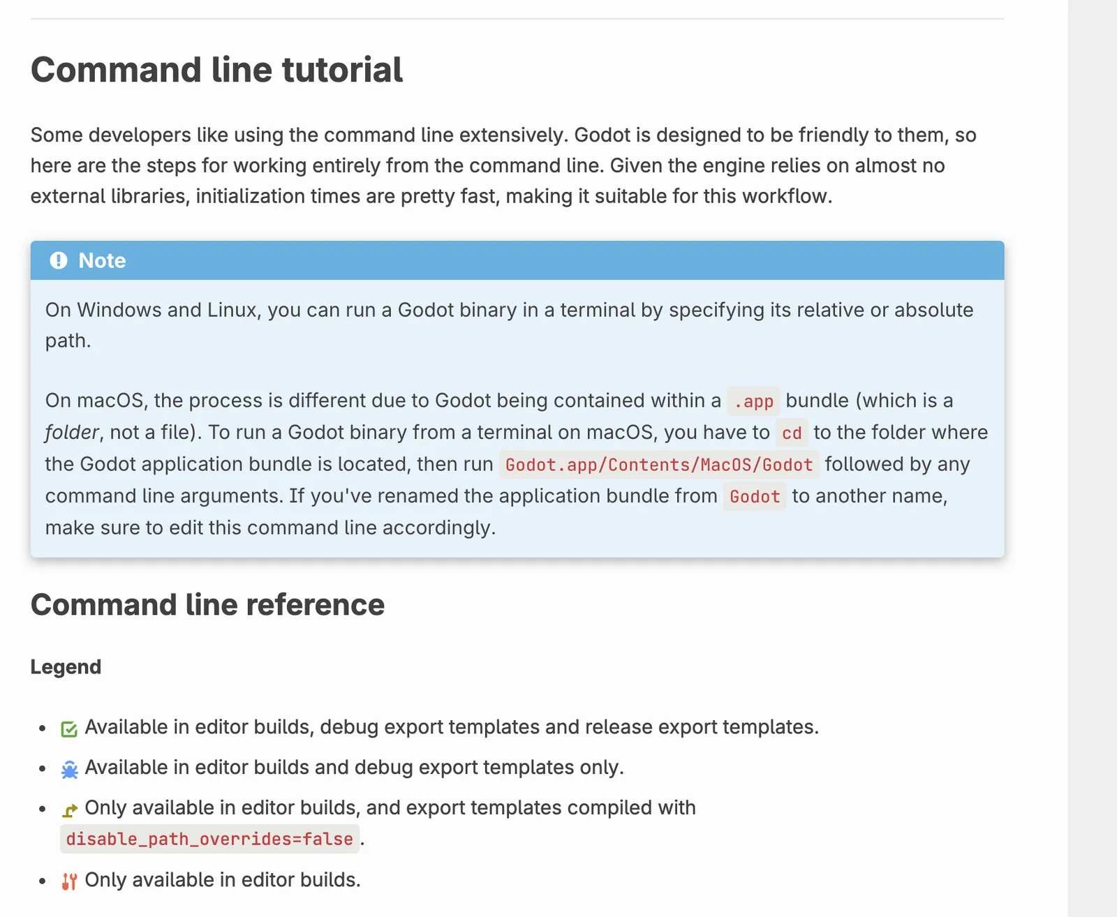 Godot command-line tutorial showing platform-specific launch instructions.