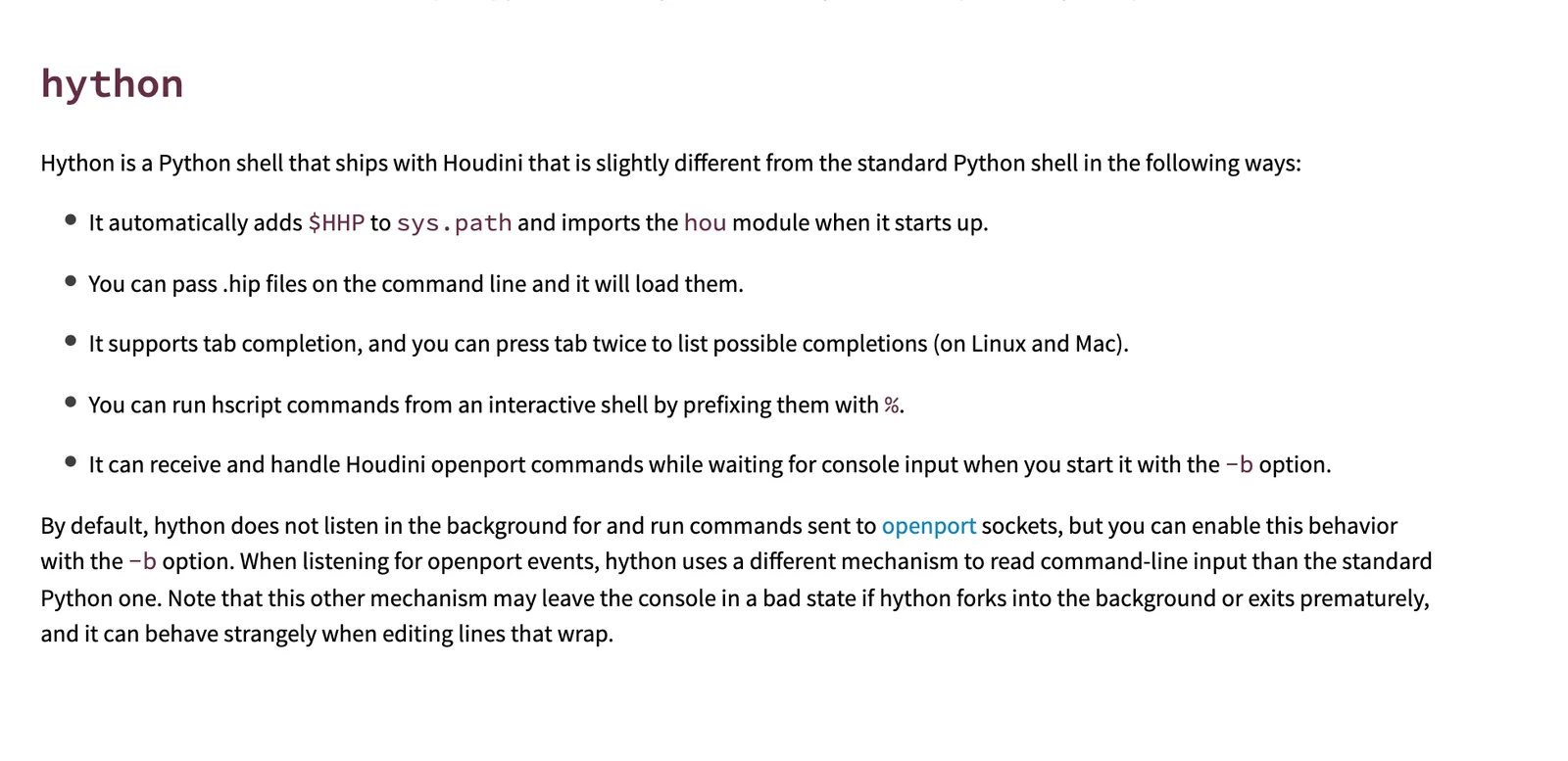 SideFX hython documentation listing the hou module and saved .hip file loading.