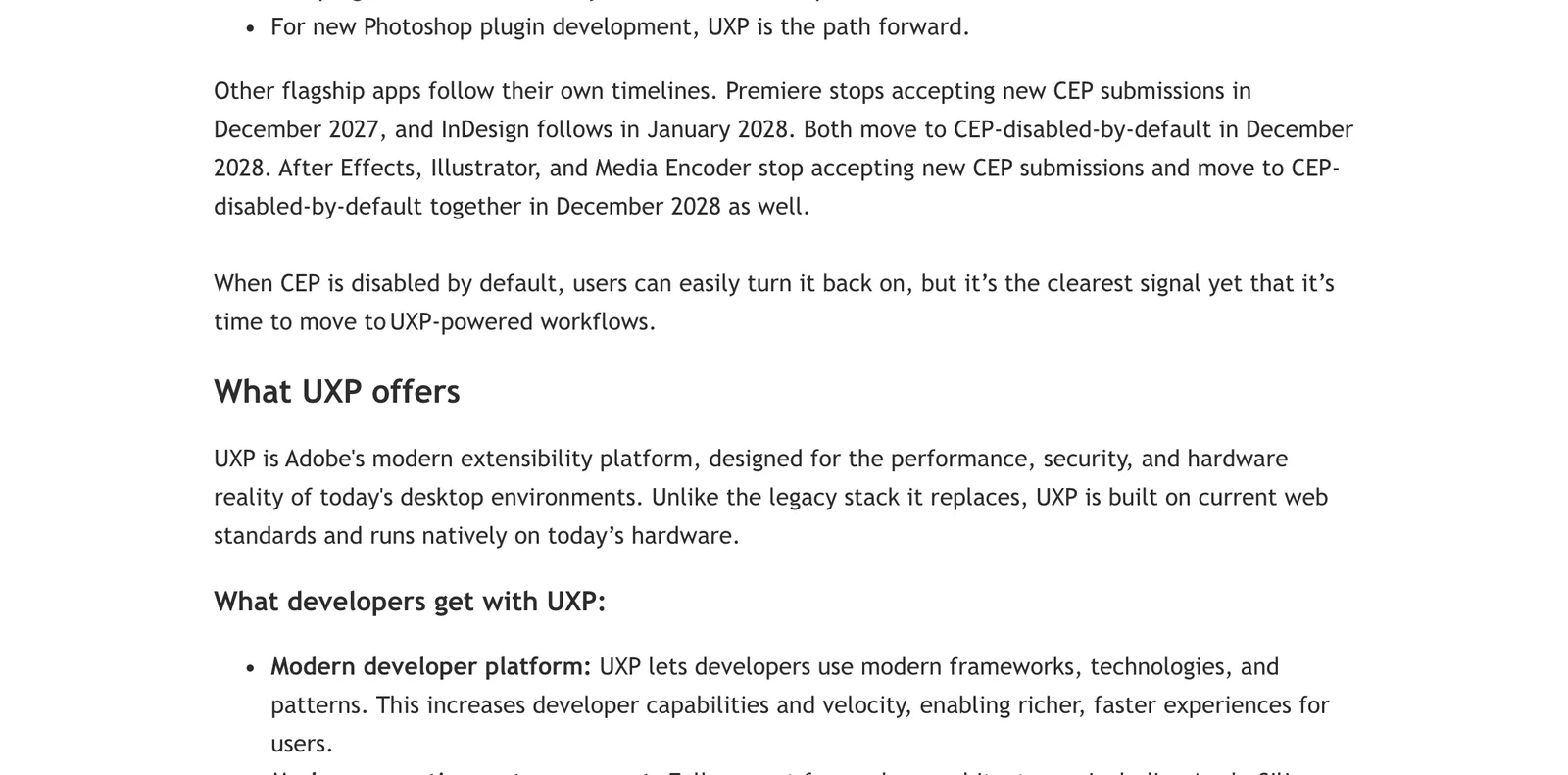 Adobe’s CEP transition paragraph giving Premiere submission and default-disable dates.
