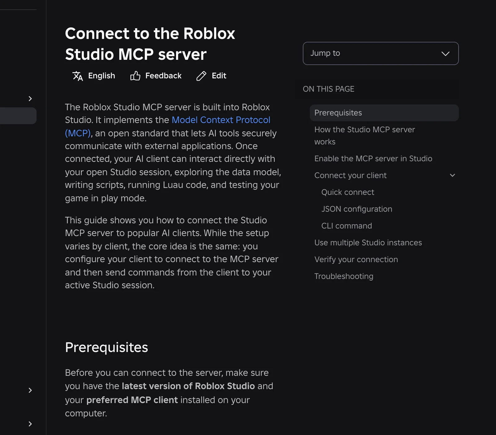 Roblox Creator Hub MCP documentation showing the built-in server and prerequisites.