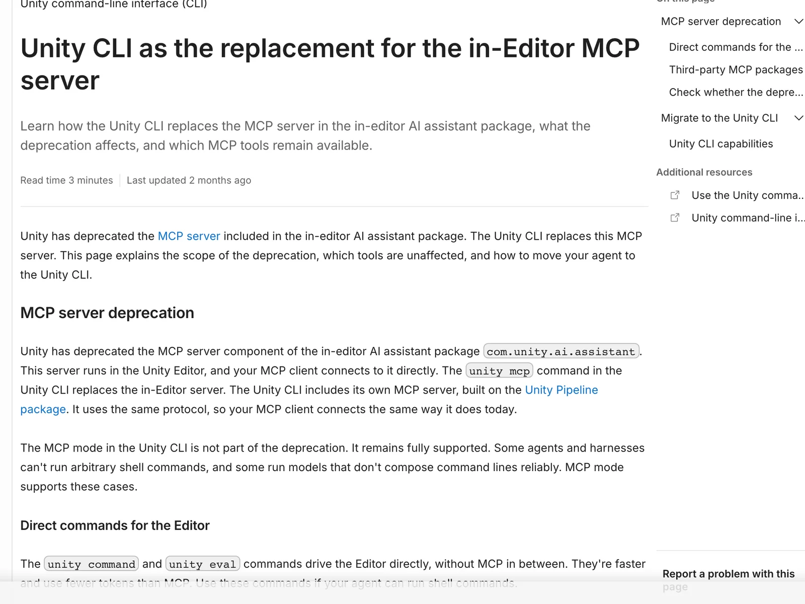 Unity documentation explaining the Unity CLI replacement and supported MCP mode.
