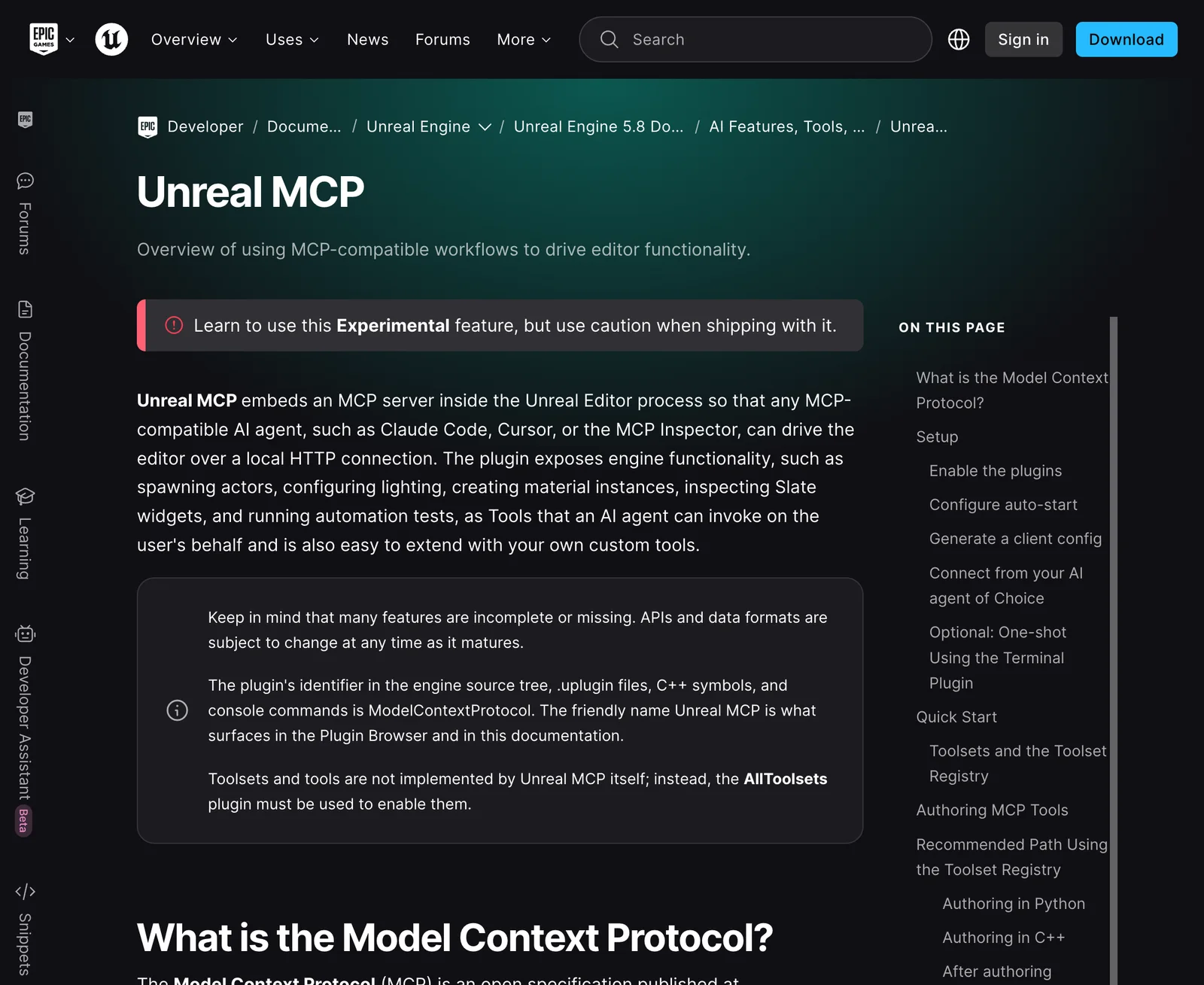 Epic Unreal MCP documentation showing the Experimental status and local HTTP editor connection.