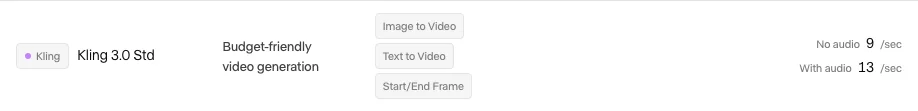 Runway's Kling 3.0 Standard row lists 9 credits per second without audio and 13 with audio.