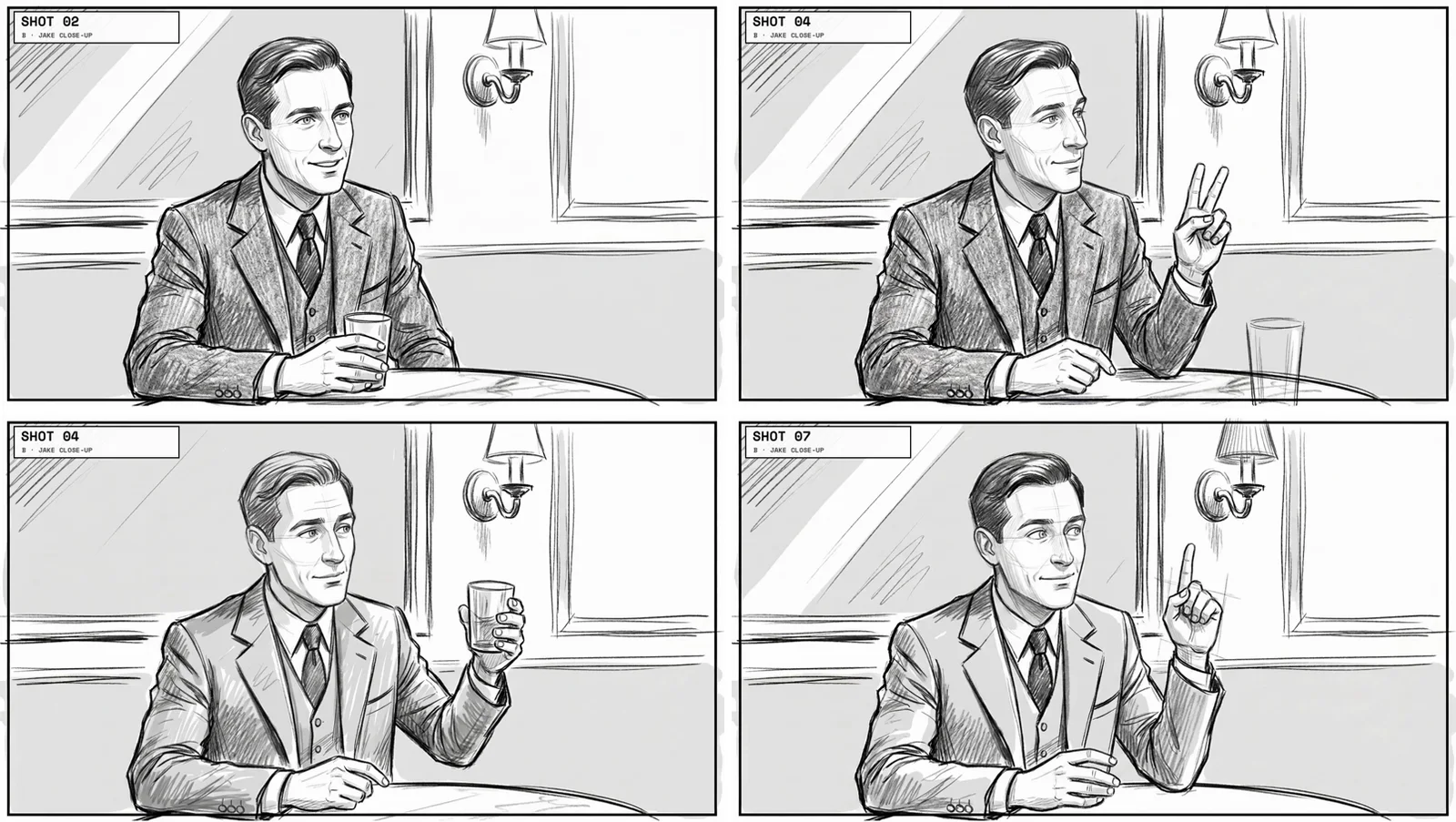 Four pencil storyboard frames of the same close shot of Jake at a café table, with the same wall sconce and panelling behind him: holding his glass and smiling, holding up two fingers, raising his glass, and raising one finger to make a point.