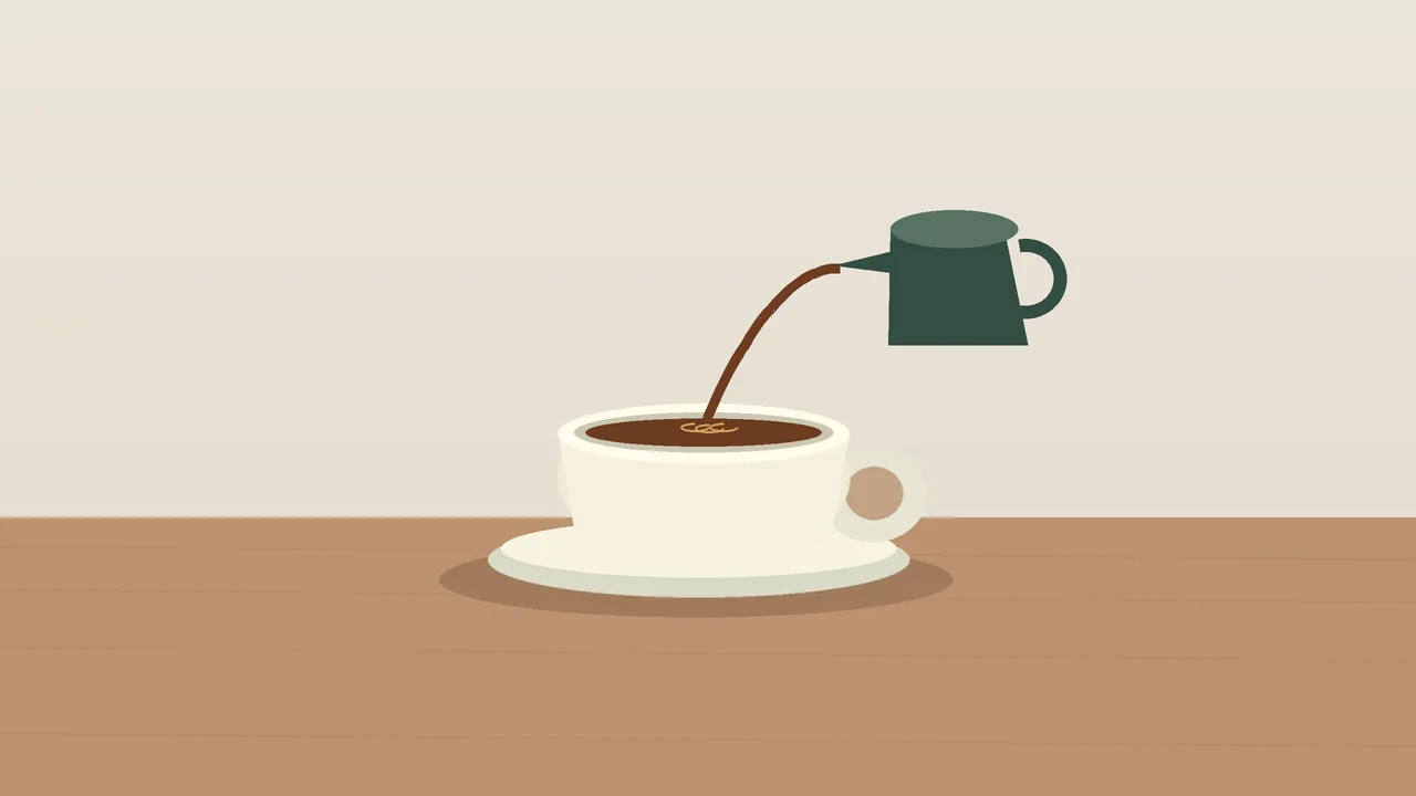 An illustrated pitcher pours coffee into a ceramic cup on a saucer.