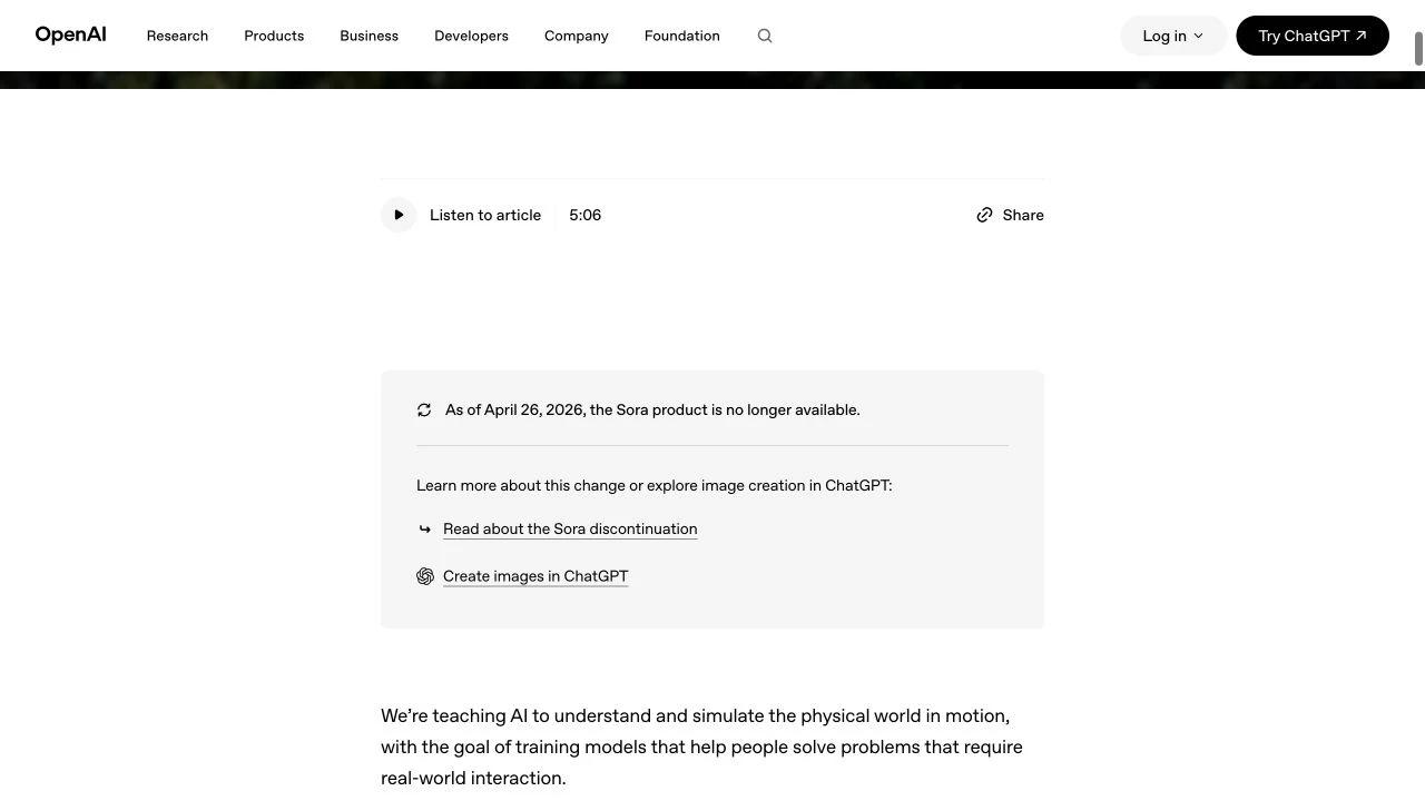 OpenAI page stating that the Sora web and app experiences were discontinued on April 26, 2026