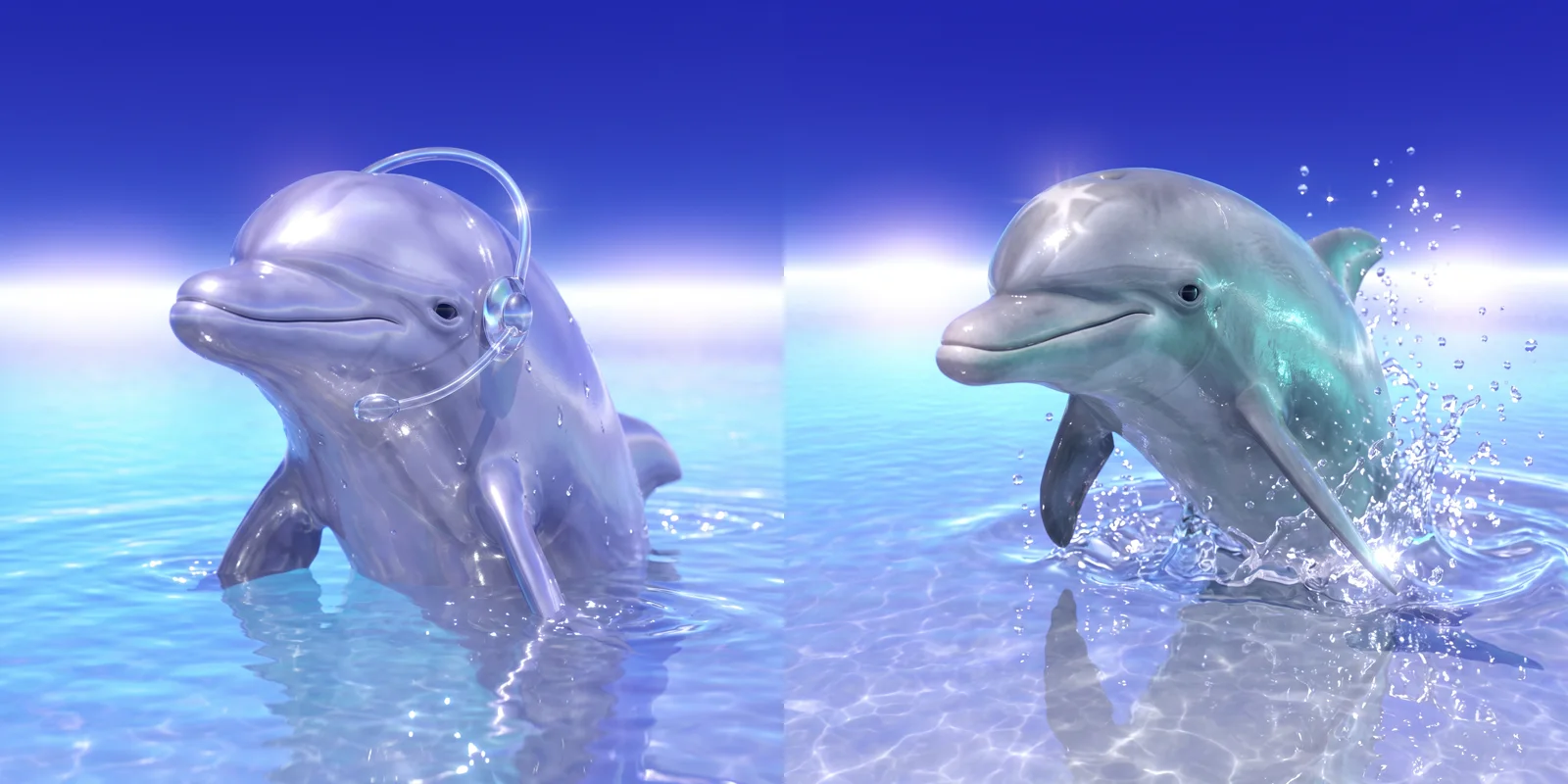 Two Cast references side by side: a lavender-silver dolphin with a glass headset microphone and a teal dolphin splashing in bright water.