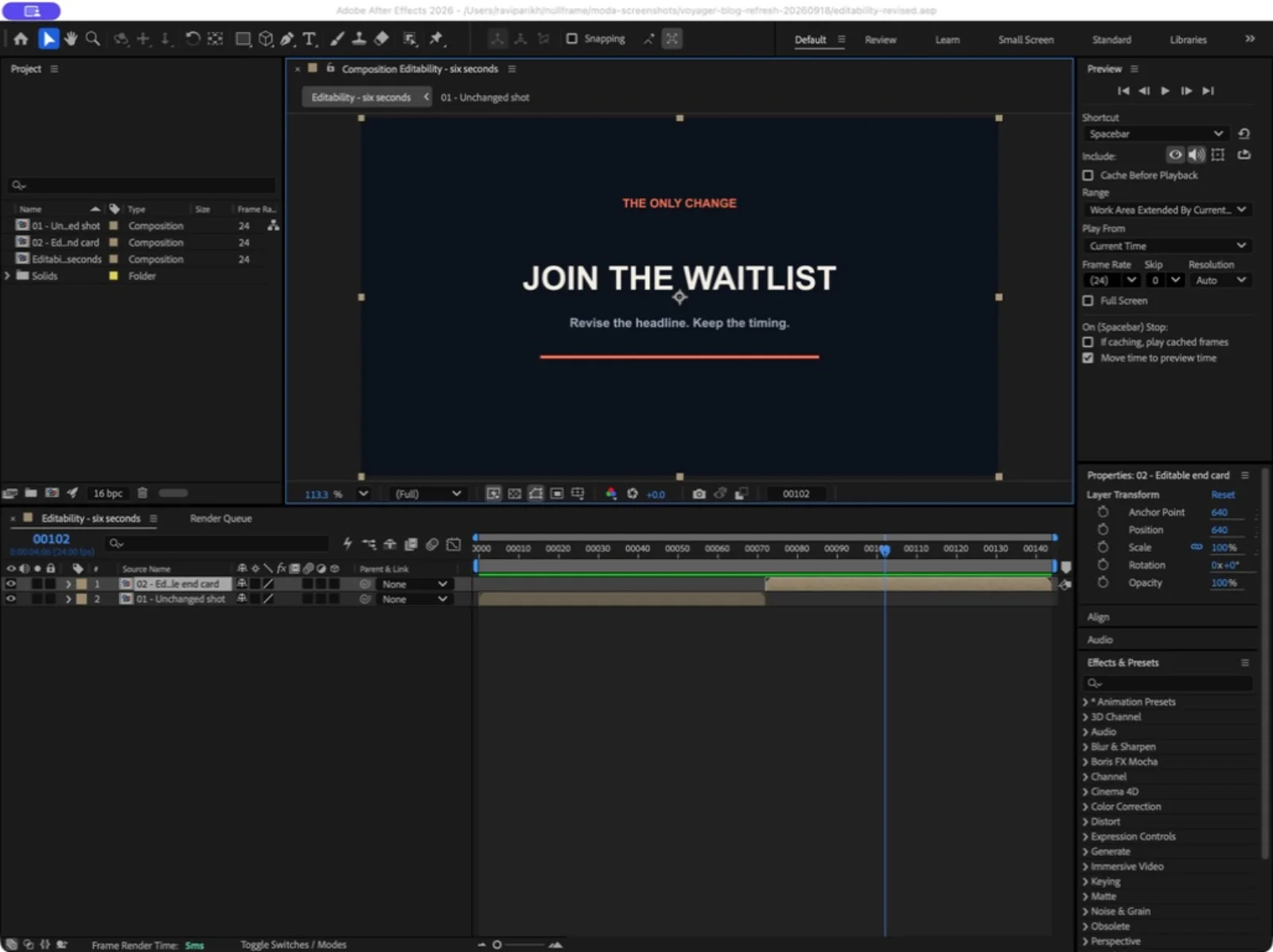 Our After Effects test project with two composition layers and the revised JOIN THE WAITLIST end card visible.