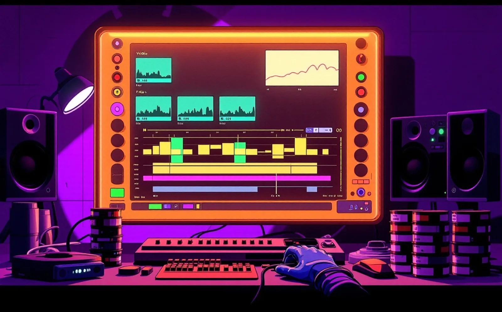 An editing suite with a large monitor showing a timeline of colored clip blocks and audio waveforms.