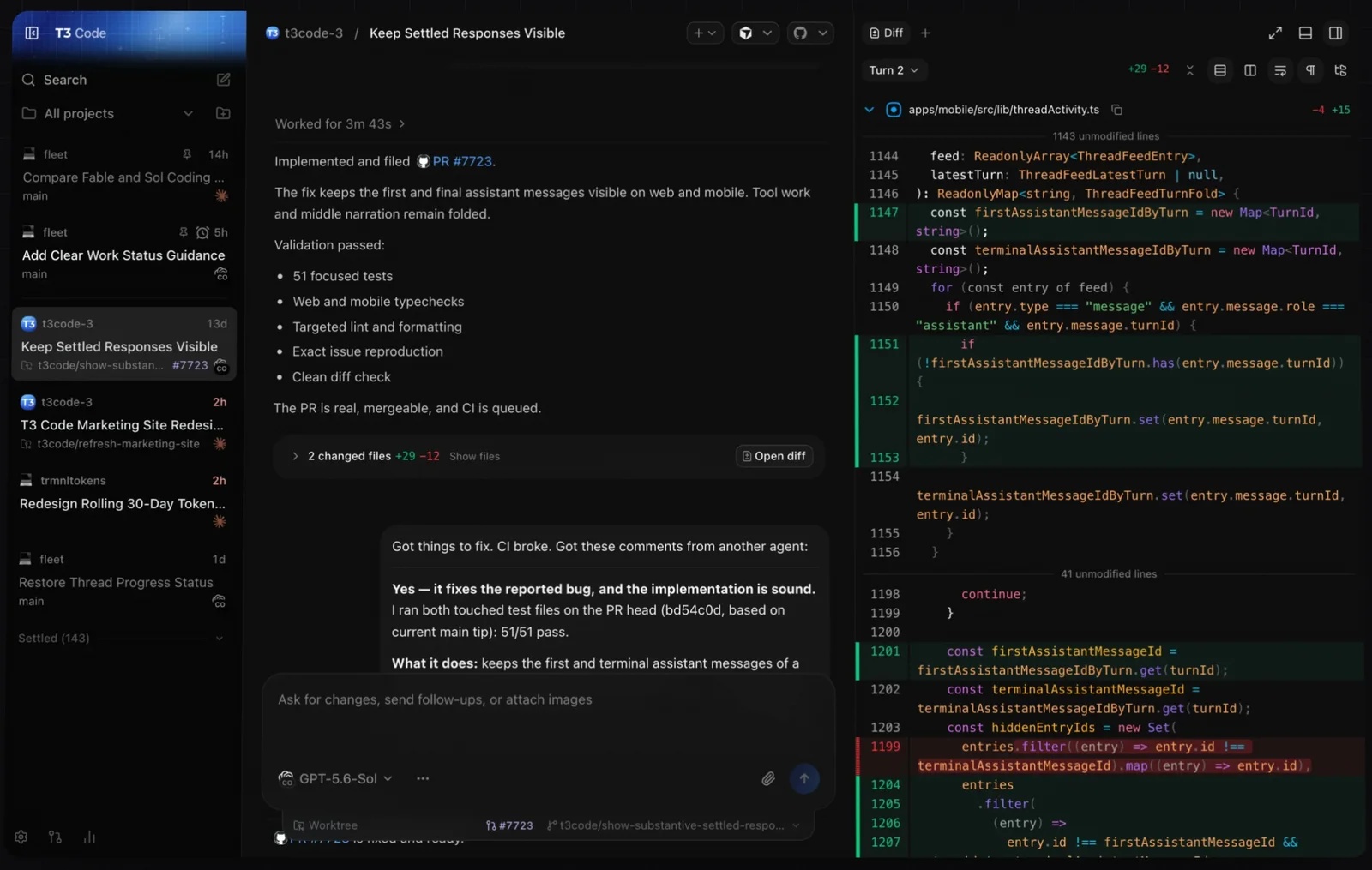 T3 Code's interface as shown on its homepage: a sidebar of projects and threads, a conversation reporting a fix and its validation, a message composer with a model picker, and a diff panel showing changed lines.