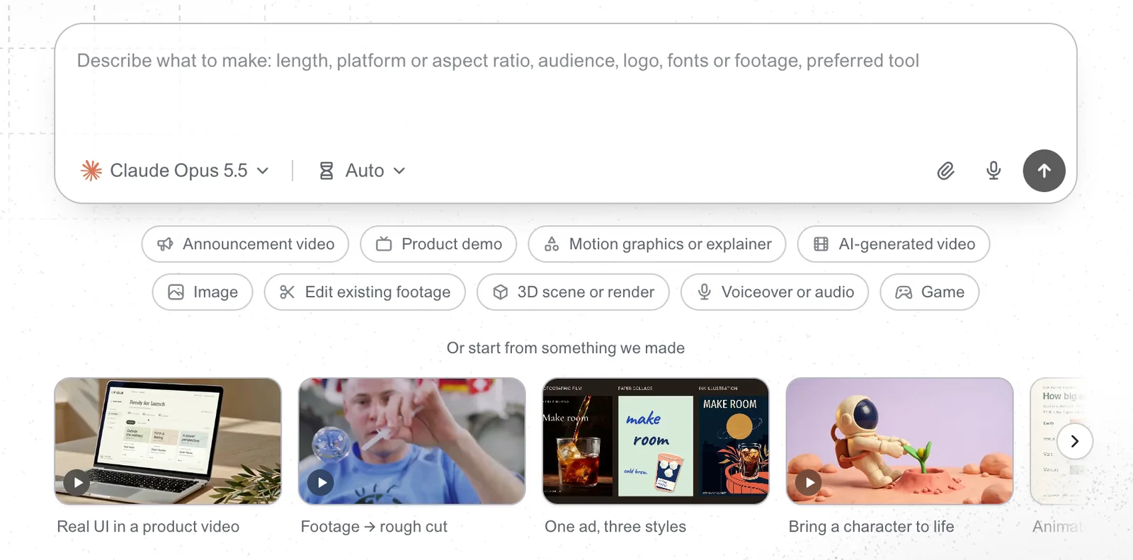 Voyager's new-chat composer with the prompt 'Describe what to make: length, platform or aspect ratio, audience, logo, fonts or footage, preferred tool', a Claude Opus 5.5 model picker, starter chips such as Announcement video, Product demo, Motion graphics or explainer and 3D scene or render, and example projects below.