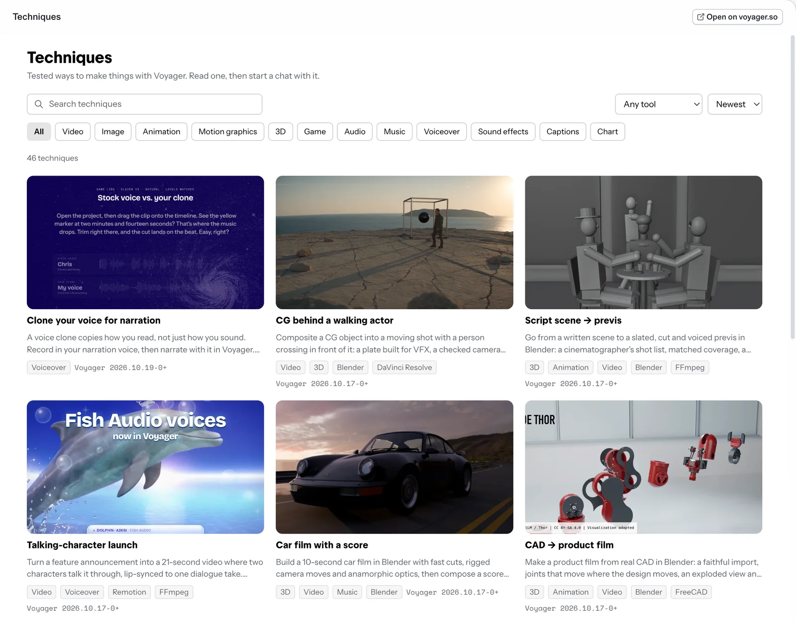 The Techniques page in the Voyager desktop app: a search box, filter chips for video, image, animation, 3D, audio and more, and a grid of technique cards such as Clone your voice for narration, CG behind a walking actor and Car film with a score.